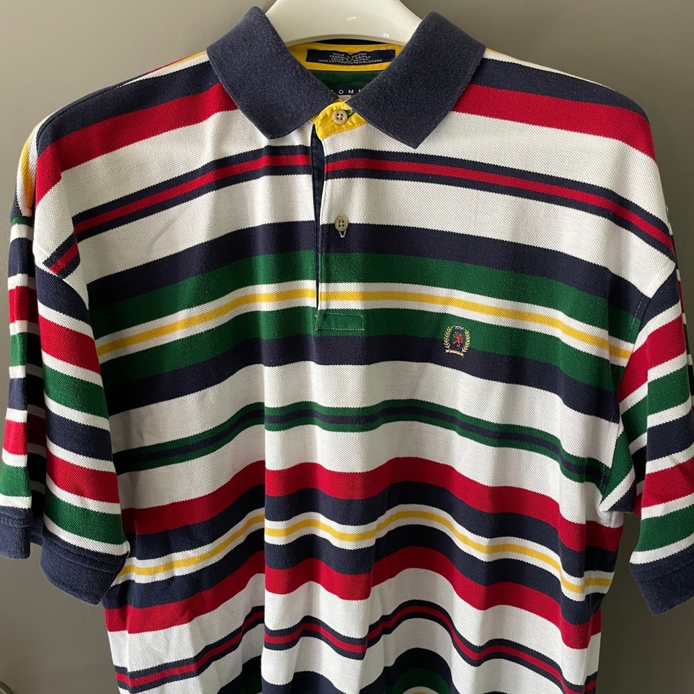 Tommy Hilfiger Mens Vintage 90's Striped Polo Shirt Large Multicolor Crest Logo